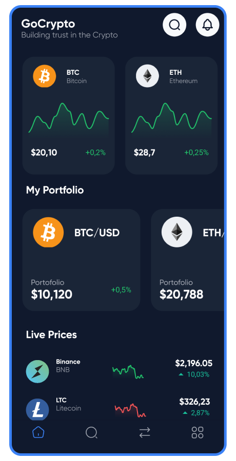 Dashboard aplikasi GoCrypto menampilkan portofolio virtual dengan saldo BTC dan ETH