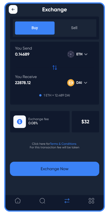 Pantalla de exchange de GoCrypto con pestañas de compra y venta sobre un gráfico de BTC en vivo