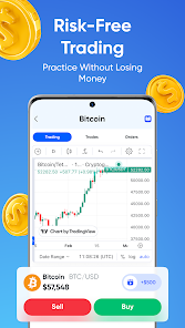 GoCrypto risk-free trading practice screen showing a Bitcoin price chart