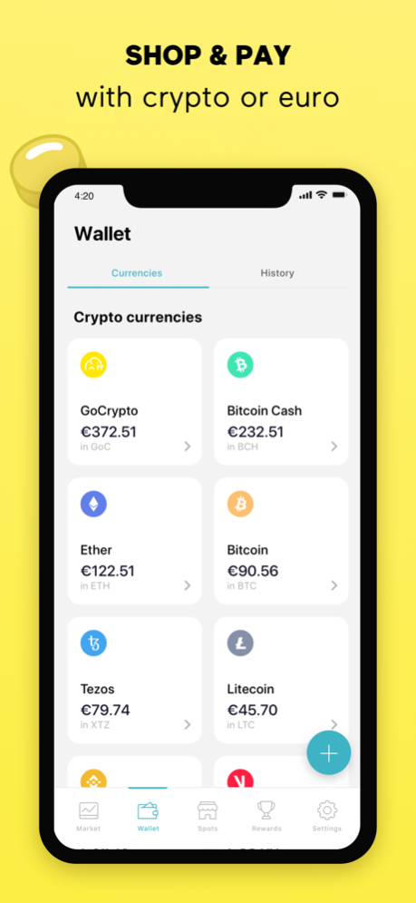 GoCrypto payment wallet currencies screen from the Eligma product